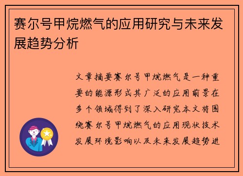 赛尔号甲烷燃气的应用研究与未来发展趋势分析